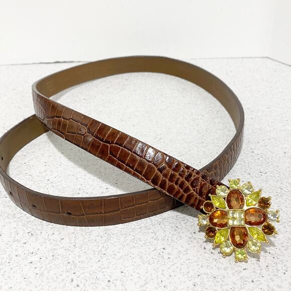 Liz Claiborne Y2K belt brown moc croc with colorful rhinestone buckle size L - Picture 3 of 9